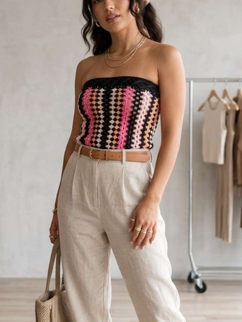 NBD Revolve Crochet Pink & Black Strapless Tube Top